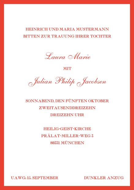 Online Klassisch, weiße Einladungskarte in Hochkant mit Rahmen.
