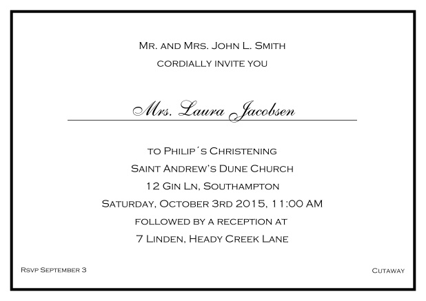 Online Traditional invitation card with a single line frame to a Christening in many color variations including a line for the gues's name. Black.