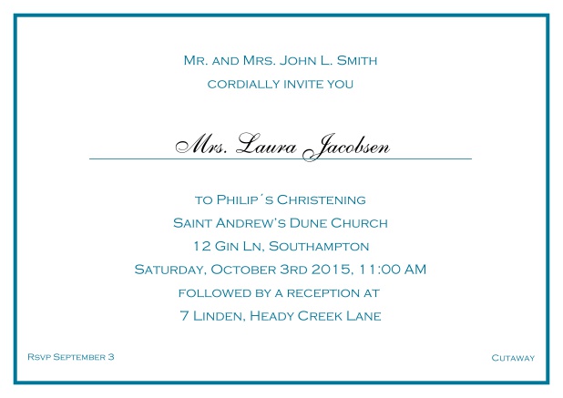 Online Traditional invitation card with a single line frame to a Christening in many color variations including a line for the gues's name. Blue.