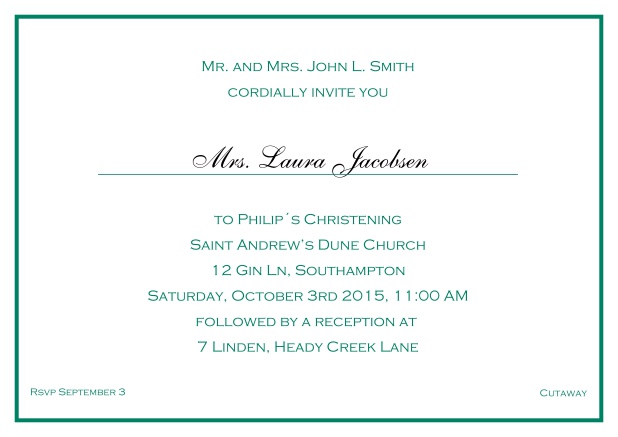 Online Traditional invitation card with a single line frame to a Christening in many color variations including a line for the gues's name. Green.