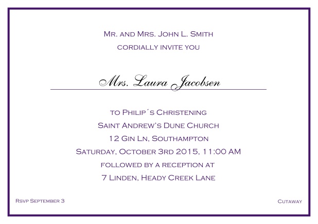 Online Traditional invitation card with a single line frame to a Christening in many color variations including a line for the gues's name. Purple.