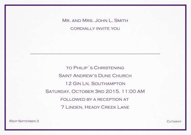 Traditional invitation card with a single line frame to a Christening in many color variations including a line for the gues's name. Purple.