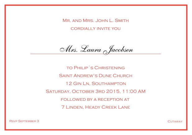 Online Traditional invitation card with a single line frame to a Christening in many color variations including a line for the gues's name. Red.
