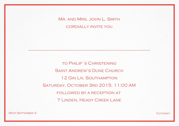Traditional invitation card with a single line frame to a Christening in many color variations including a line for the gues's name. Red.