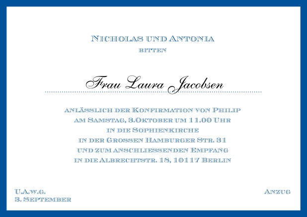 Online klassische Einladungskarte zur Konfirmation in mehreren Farbvariationen. Blau.