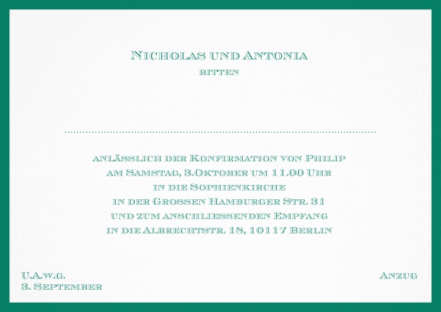 Klassische Einladungskarte zur Konfirmation in mehreren Farbvariationen. Grün.