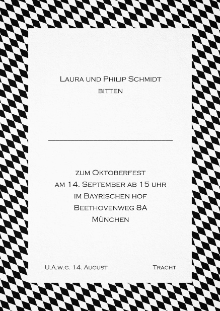 Einladungskarte mit bayerischen Rautenflaggen in verschiedenen Farben. Schwarz.