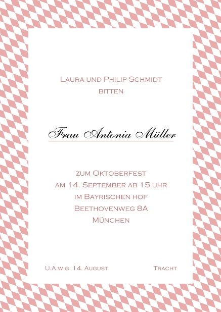 Online Einladungskarte mit bayerischen Rautenflaggen. Rosa.