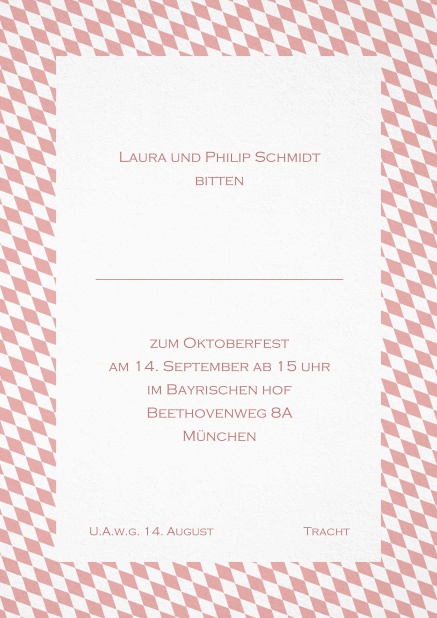Einladungskarte mit bayerischen Rautenflaggen in verschiedenen Farben. Rosa.