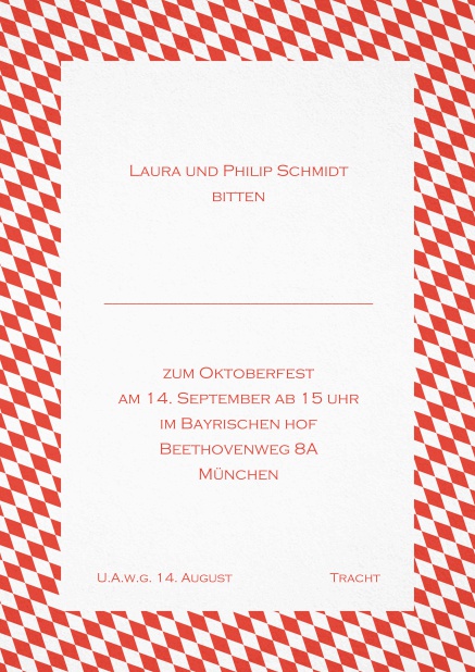 Einladungskarte mit bayerischen Rautenflaggen in verschiedenen Farben. Rot.