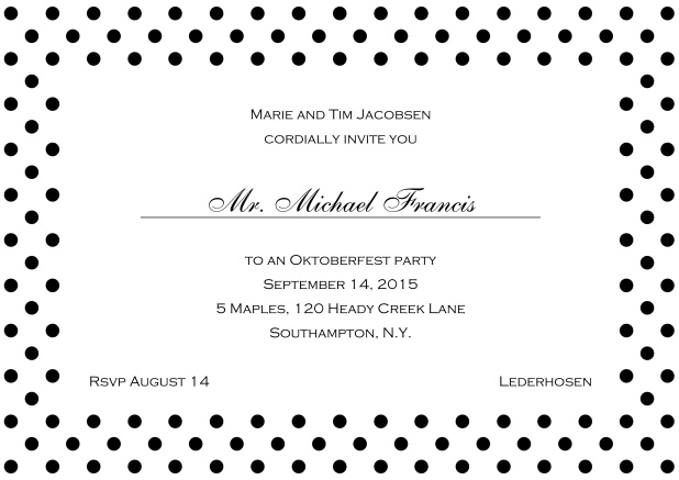 Classic online invitation card with large poka dotted frame and editable text. Black.