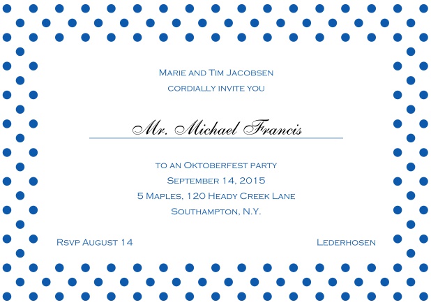 Classic online invitation card with large poka dotted frame and editable text. Blue.