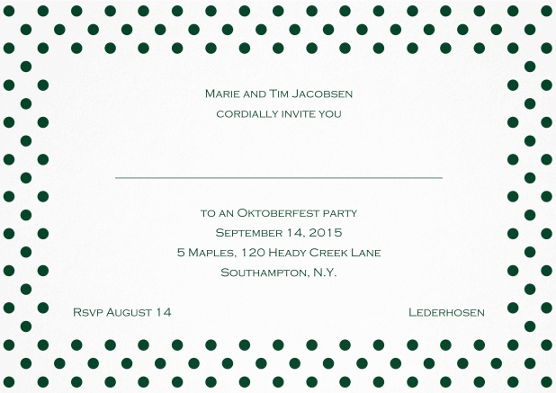 Classic invitation card with large poka dotted frame and editable text. Green.