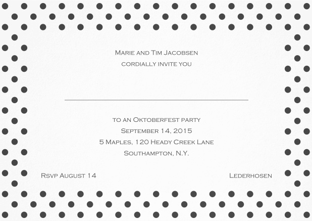 Classic invitation card with large poka dotted frame and editable text. Grey.