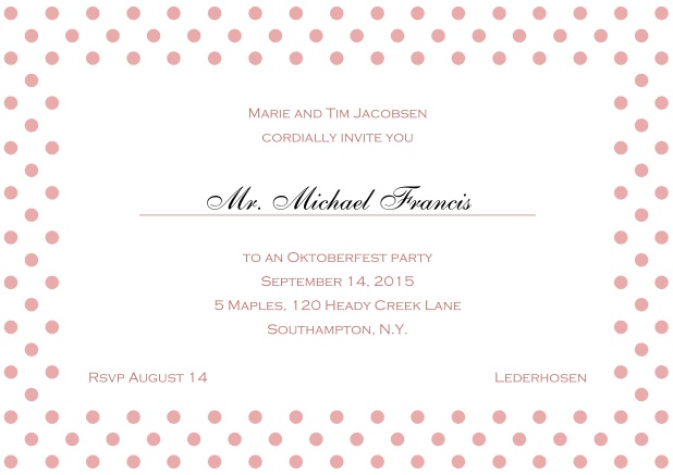 Classic online invitation card with large poka dotted frame and editable text. Pink.