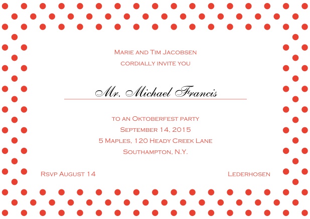 Classic online invitation card with large poka dotted frame and editable text. Red.