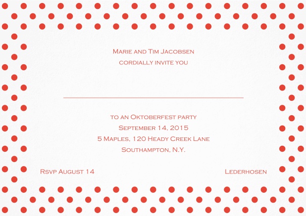 Classic invitation card with large poka dotted frame and editable text. Red.