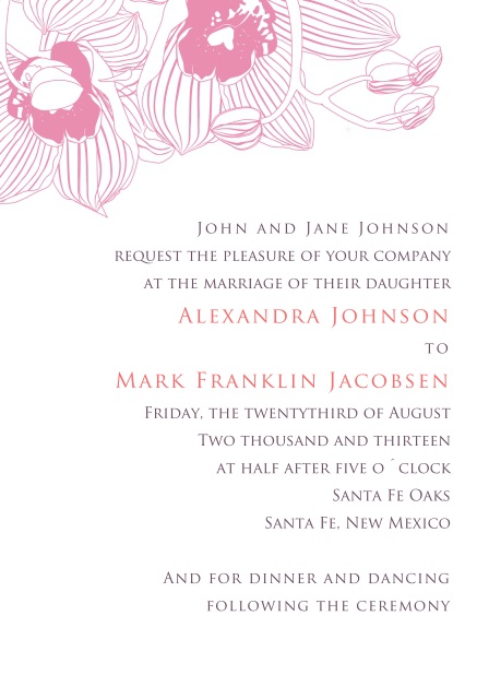 Online Hochzeitseinladungskarte mit rosafarbenen Blumenmuster.