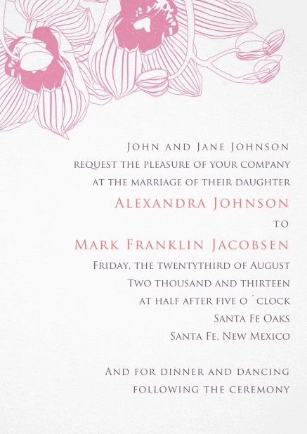 Papierkartendesign für Hochzeitseinladungen mit rosafarbenen Blumenmuster.