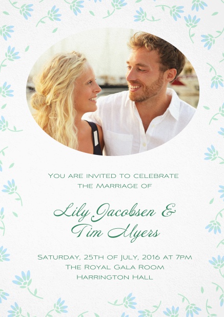 Wedding invitation photo card with delicate flowers in many color. Blue.