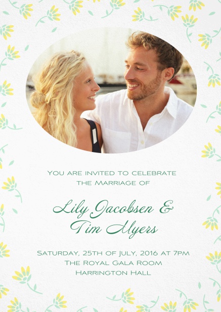 Wedding invitation photo card with delicate flowers in many color. Yellow.