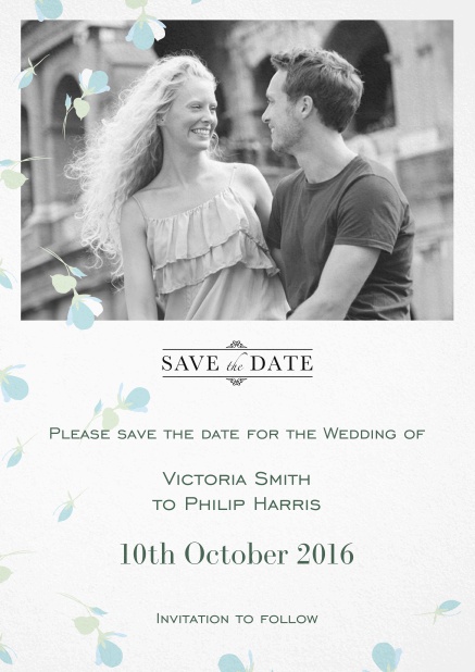 Wedding save the date card with photo and light blue flowers