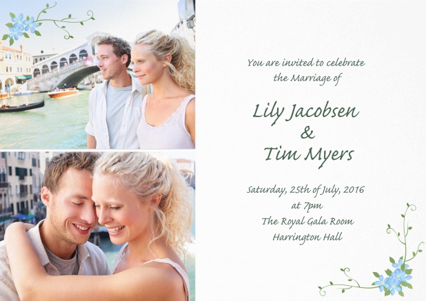 Wedding invitation card with two photo fields and flower deco.