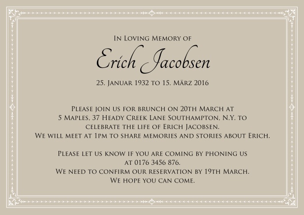 Online Classic Memorial invitation card in various colors with fein lines as a frame. Beige.