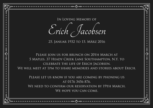 Online Classic Memorial invitation card in various colors with fein lines as a frame. Black.