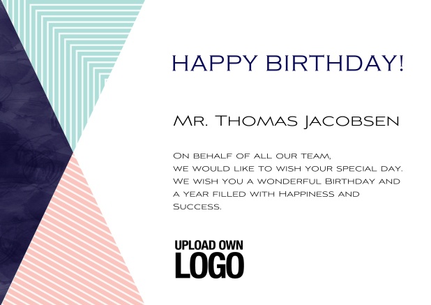 Online Corporate Birthday greeting card in landscape with small rosa, blu and dark triangle elements.