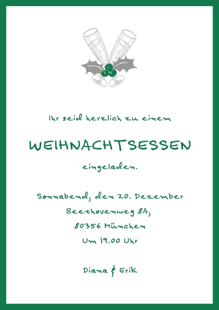 Online Weihnachtsfeier Einladung mit champagner Glässern und Weihnachtszweigen. Grün.
