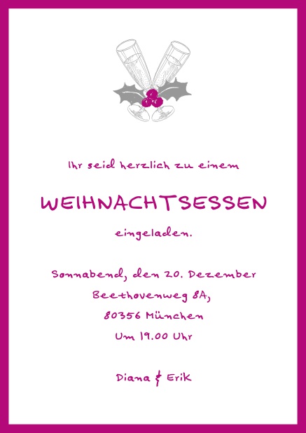 Online Weihnachtsfeier Einladung mit champagner Glässern und Weihnachtszweigen. Rosa.