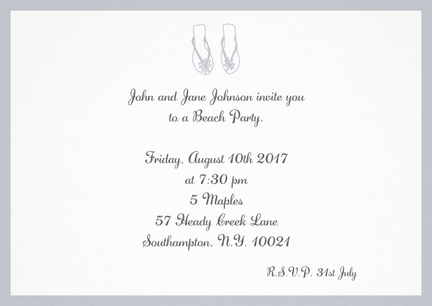 Summer invitation card with flip flops in various colors. Grey.