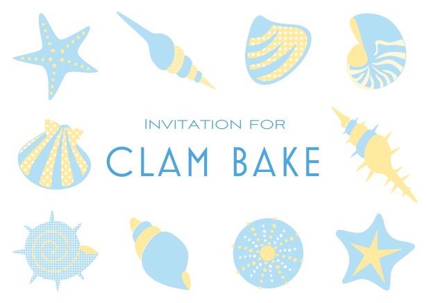 Summer Clam bake online invitation template with shells, sea stars etc. Blue.