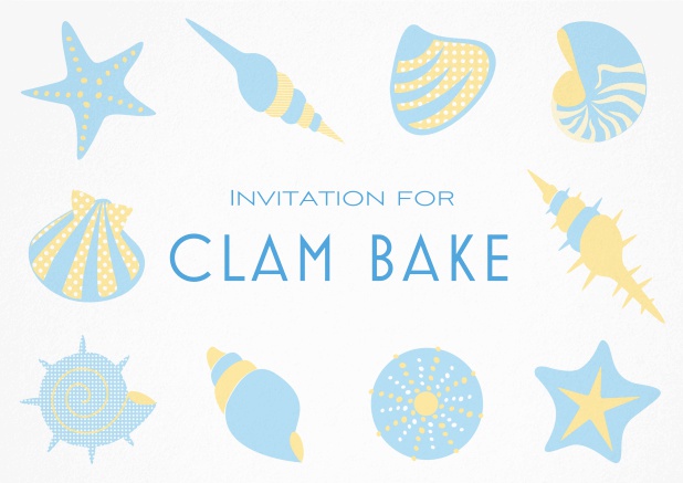 Summer Clam bake invitation template with shells, sea stars etc. Blue.