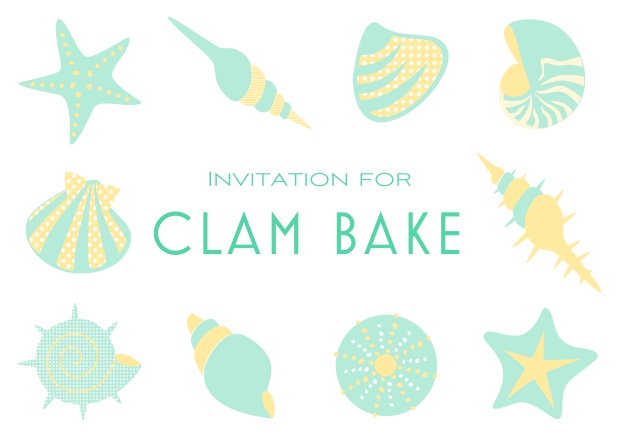 Summer Clam bake online invitation template with shells, sea stars etc. Green.