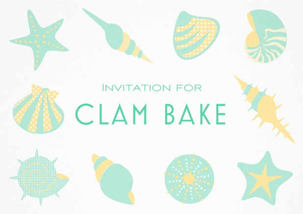 Summer Clam bake invitation template with shells, sea stars etc. Green.