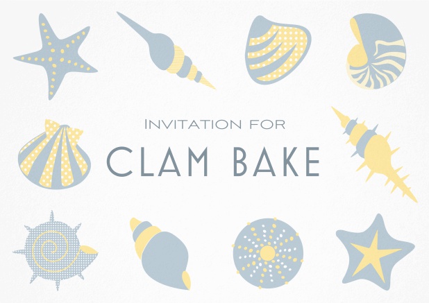 Summer Clam bake invitation template with shells, sea stars etc. Grey.