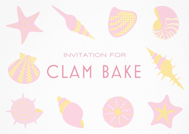 Summer Clam bake invitation template with shells, sea stars etc. Pink.