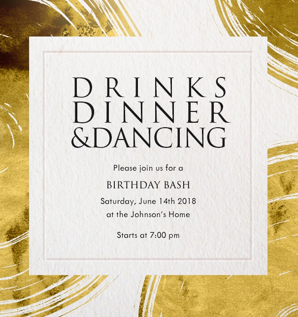 Invitation card with golden plates and designed text Drinks, Dinner and Dancing.