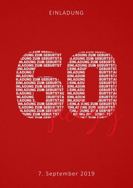 Einladungskarte zum 40. Geburtstag mit Zahl 60 und ausgeschriebenem sechzig Rot.