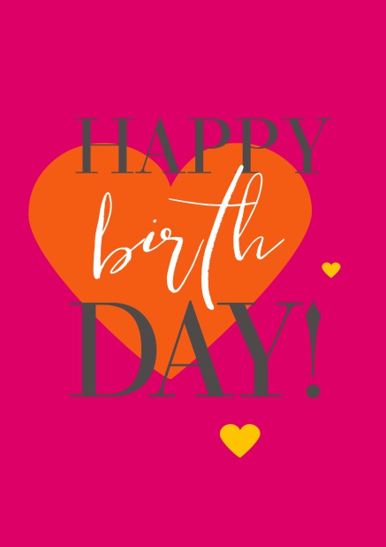 Online Happy Birthday Grusskarte mit großem orangenem Herzen. Rosa.