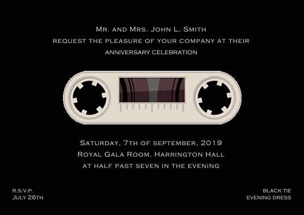 Retro online invitation card design as cassette with animated wheels Black.