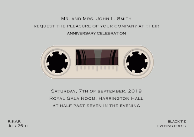 Retro online invitation card design as cassette with animated wheels Grey.