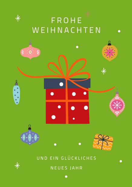 Online Weihnachtskarte mit illustriertem Geschenk und rot, weiß und blau.