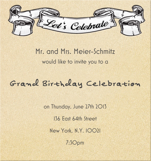 Beige Geburtstag oder Jahrestag Einladungskarte in Hochkant mit Let's Celebrate Text.