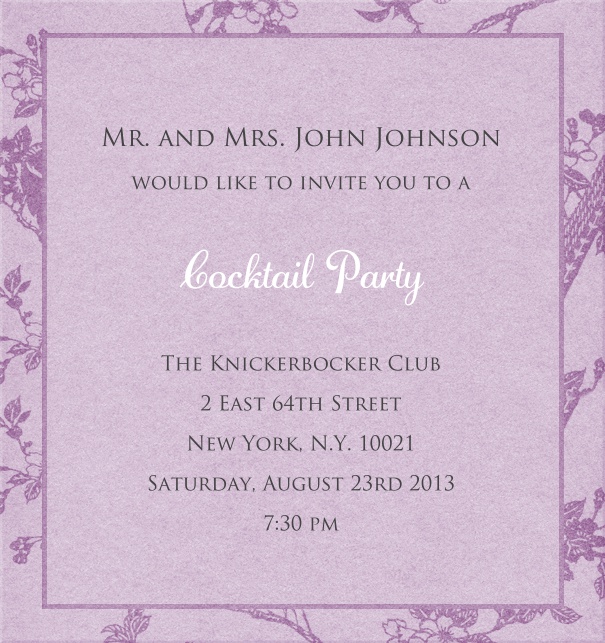 Lilafarbene, klassische Einladungskarte mit lilafarbenem Rand und Blumendekoration.