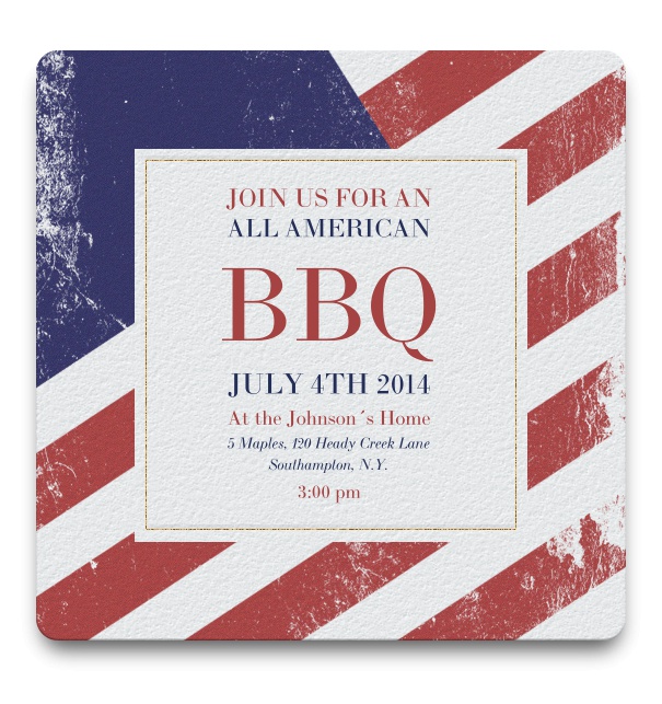 Weiße Online-Einladungskarte in Quadratformat zum BBQ oder Veranstaltungen zum 4. Juli. Rahmen mit Muster der amerikanischen Flagge.