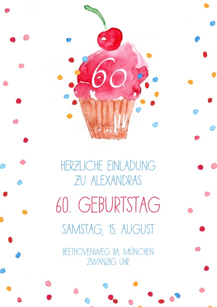 Online Einladung mit Cup Cake und Konfetti zum 60. Geburtstag.
