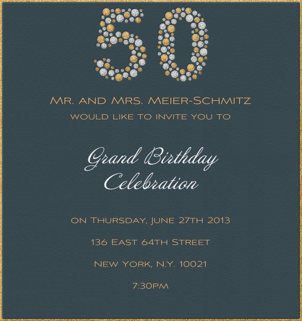 High Format Aqua 50th Birthday Invitation Card or 50th Anniversary Invitation with Gold Border.